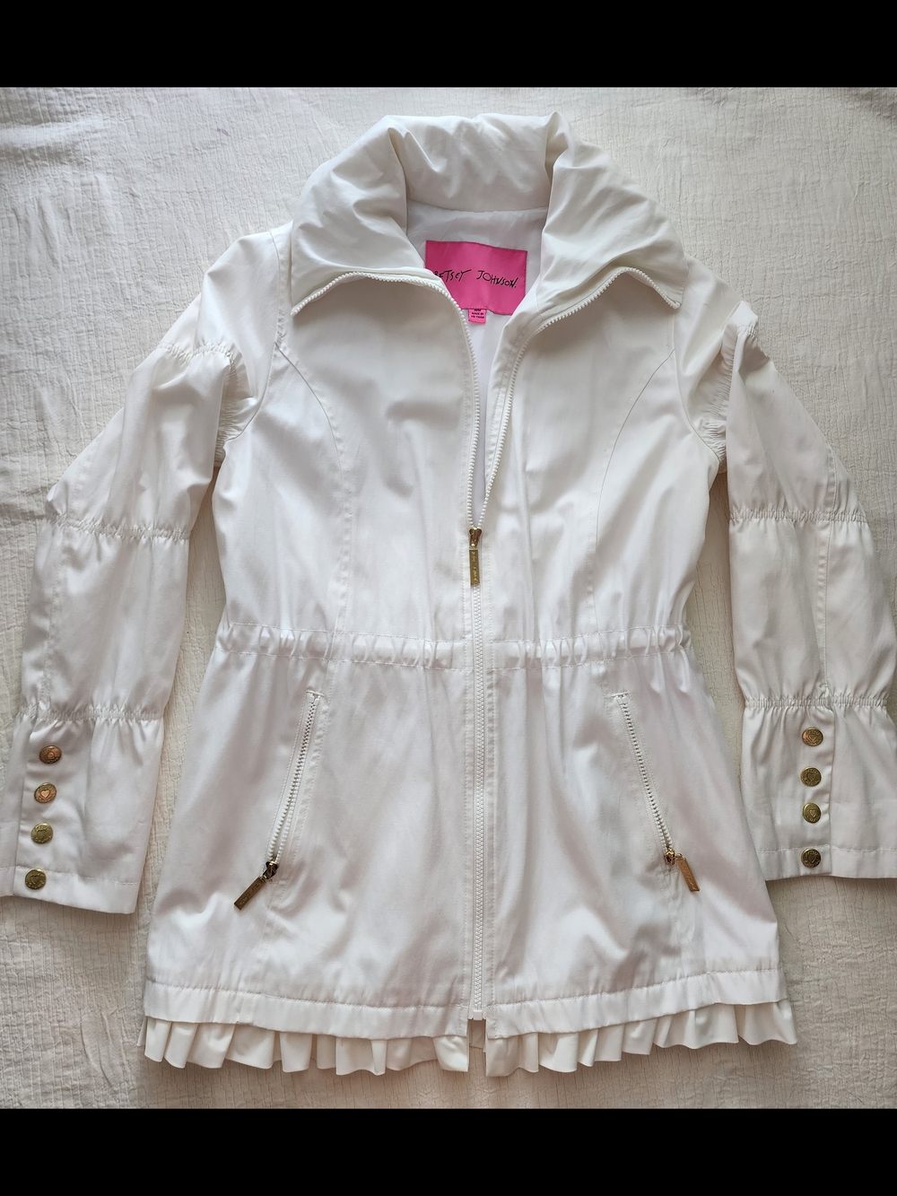 Betsey Johnson White Ruffle Hem Drawstring Windbreaker Jacket